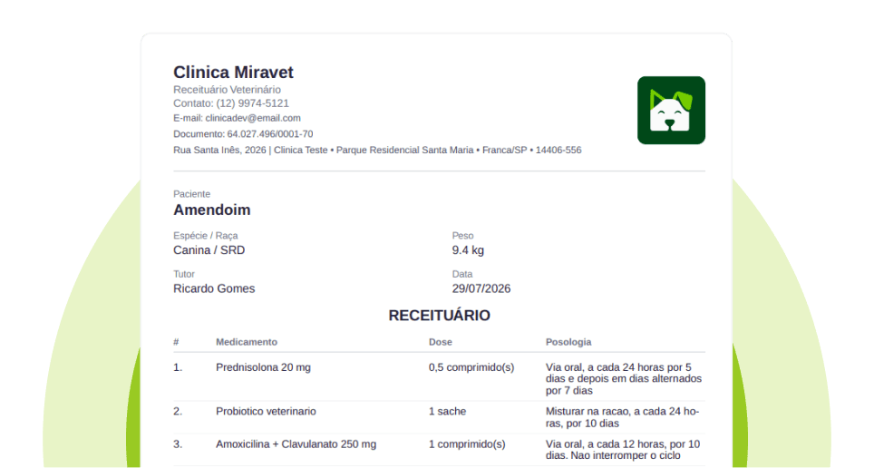 Receituário veterinário em PDF com cabeçalho da clínica, dados do paciente e lista de medicamentos com dose e posologia.