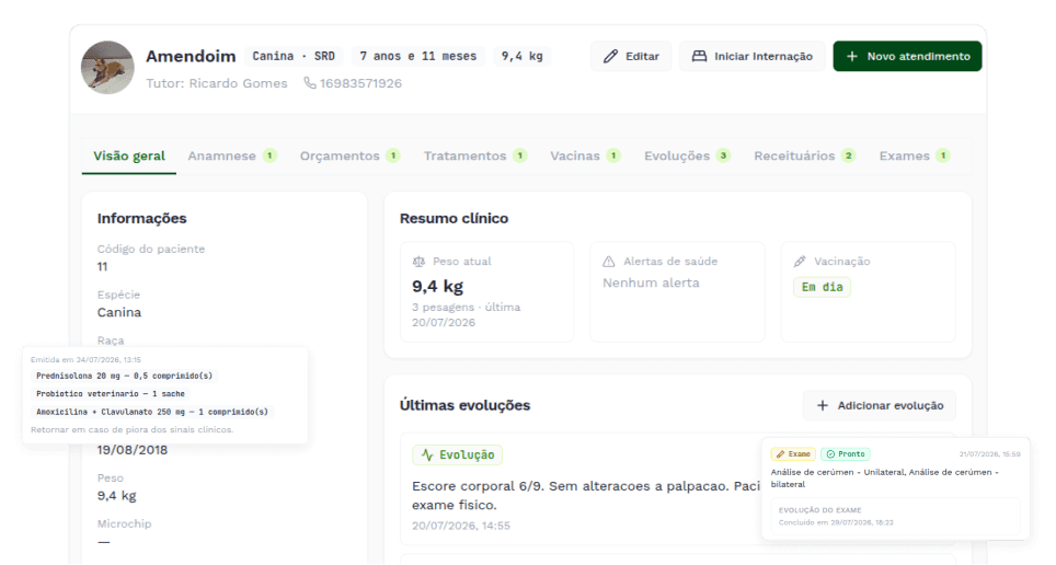 Ficha do paciente com resumo clínico, peso, vacinação, últimas evoluções e receituários emitidos.