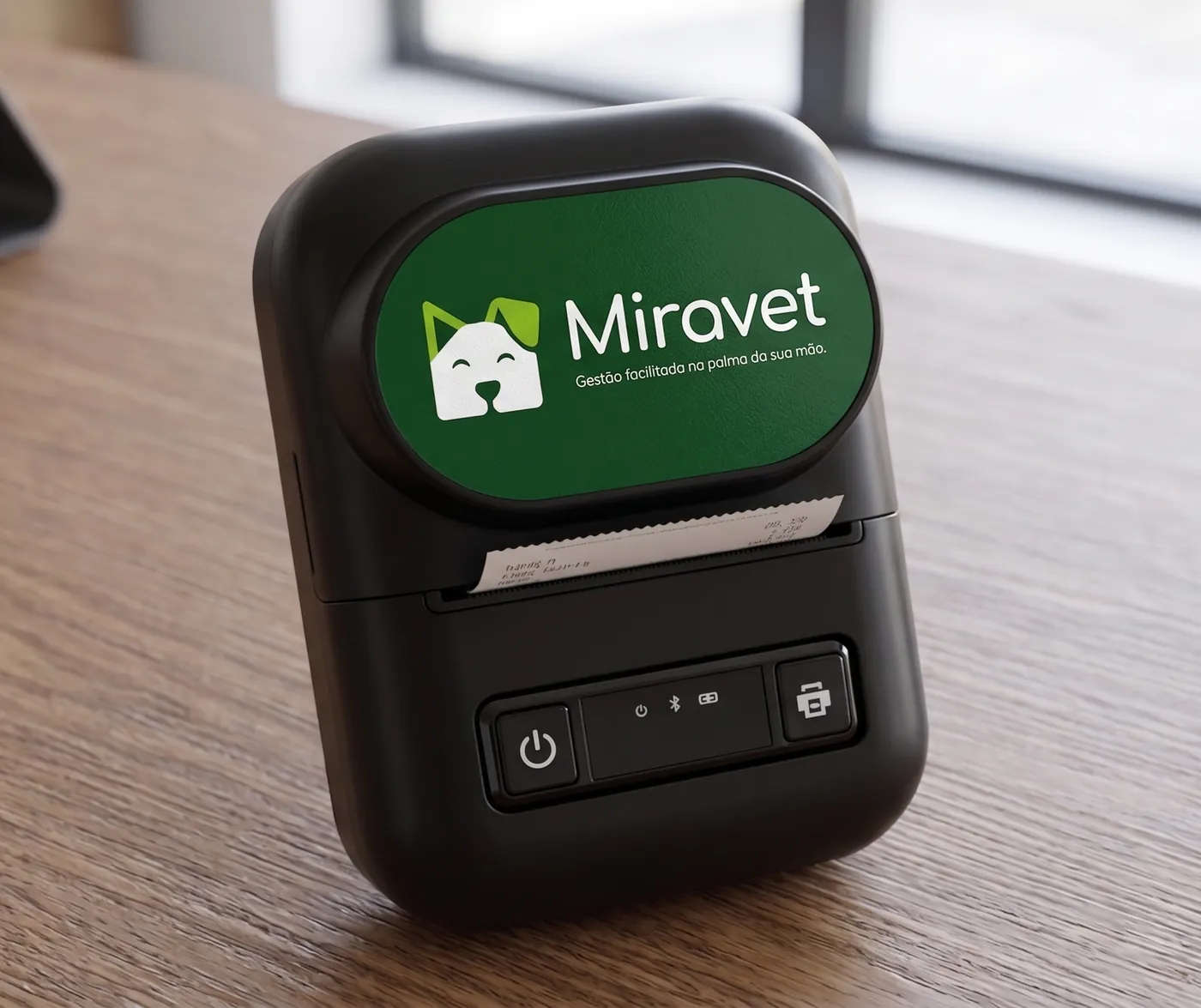 Impressora térmica de etiquetas com a marca MiraVet sobre o balcão da recepção, com uma etiqueta saindo.