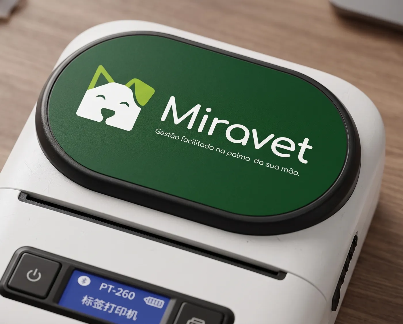 Detalhe da impressora térmica MiraVet, com a tampa gravada e o painel de controle à vista.